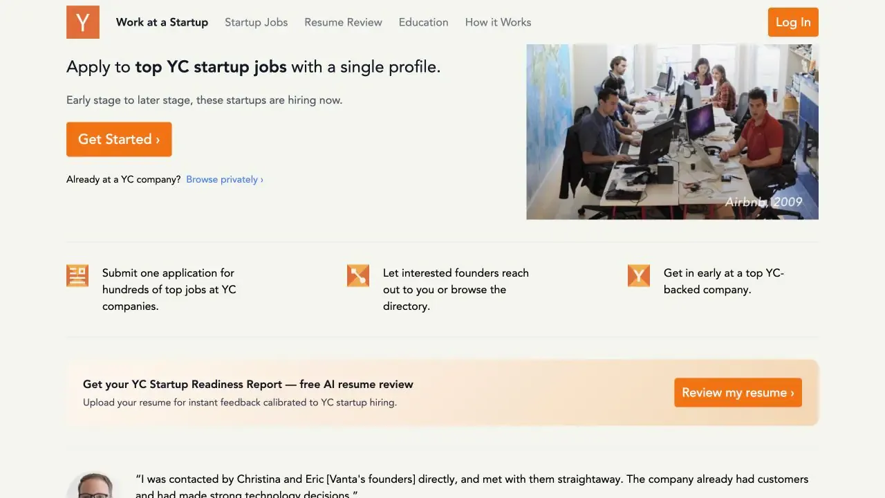Y Combinator Work at a Startup website homepage captured in July 2026