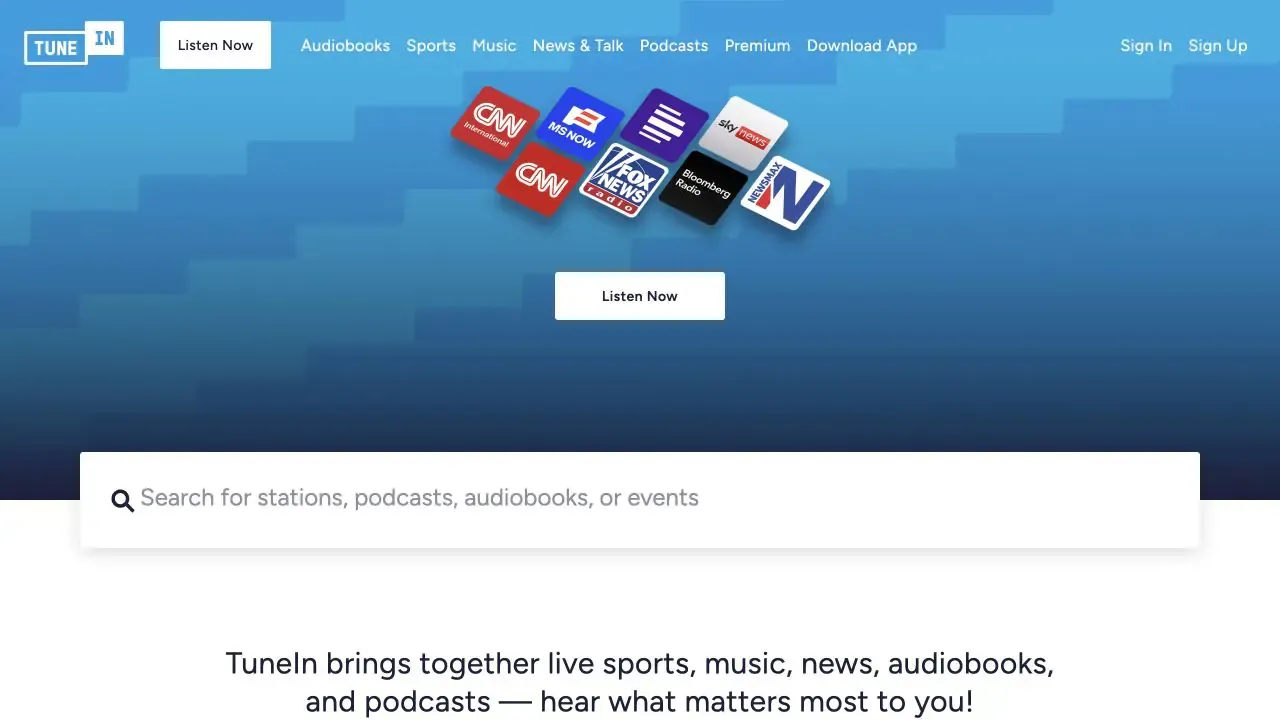TuneIn website homepage captured in July 2026