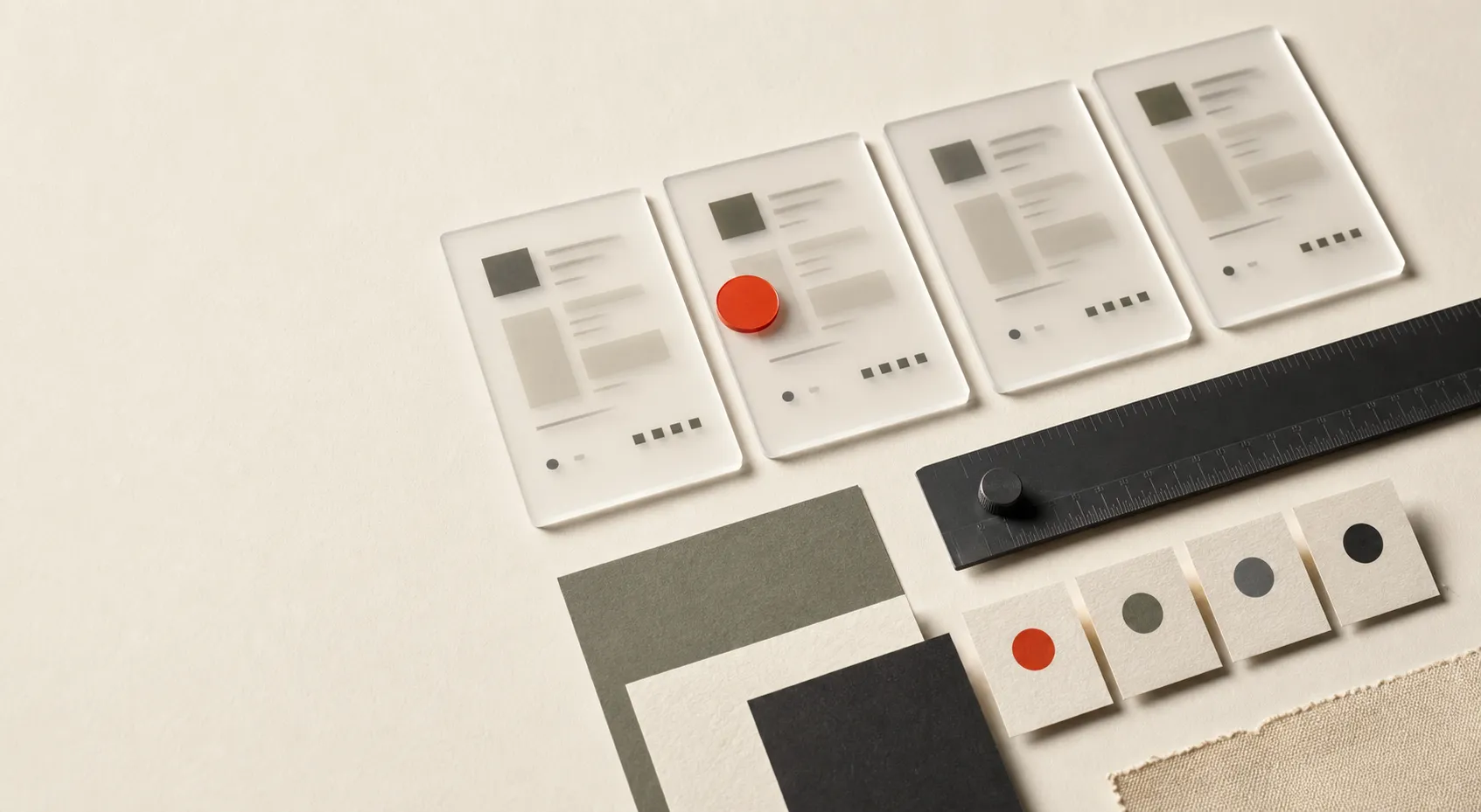 Abstract software comparison cards arranged with a red selection marker and precision ruler