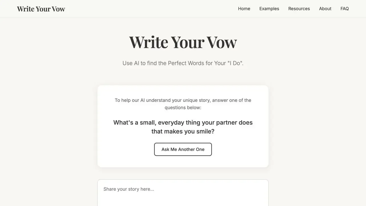 Write Your Vow website homepage captured in July 2026