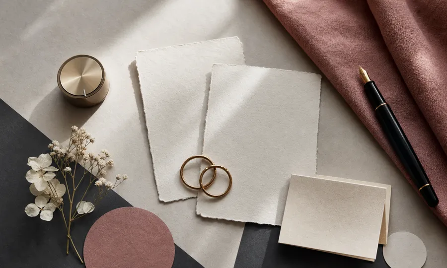 An editorial writing desk comparing wedding vow tools
